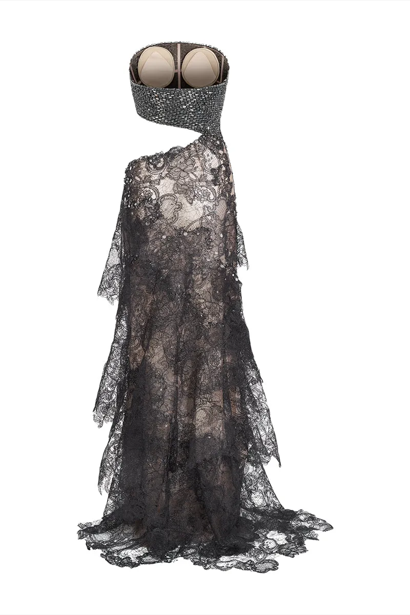 BLACK SHEER LACE SILK DRESS WITH CUT-OUT TOP
