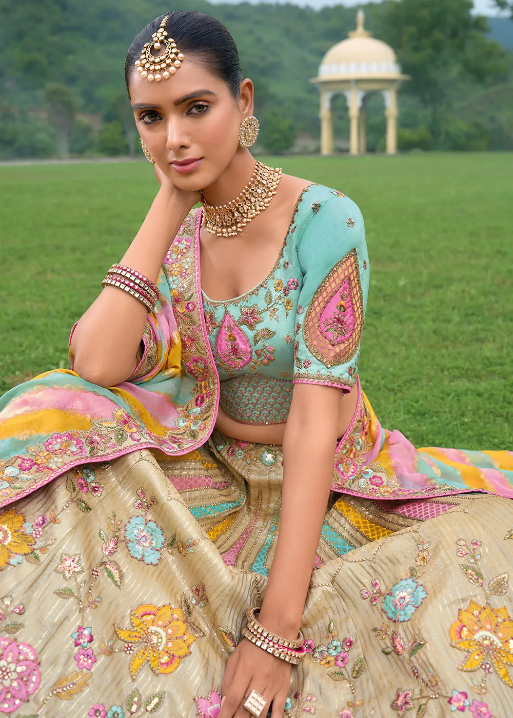Bridal Beige Blue Heavy Embroidered Designer Lehenga Choli