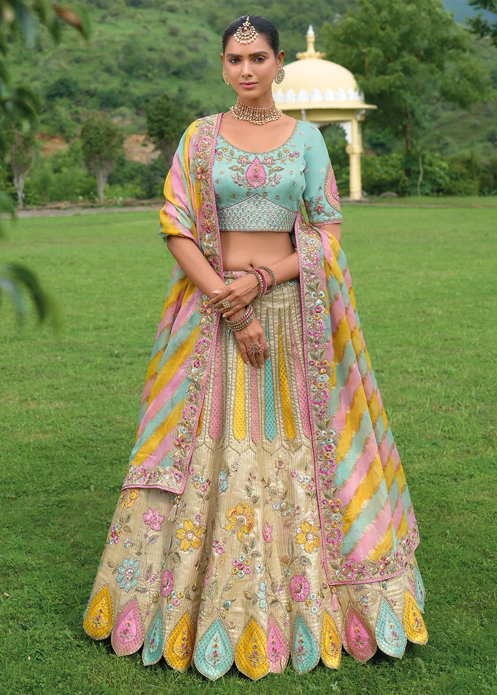 Bridal Beige Blue Heavy Embroidered Designer Lehenga Choli