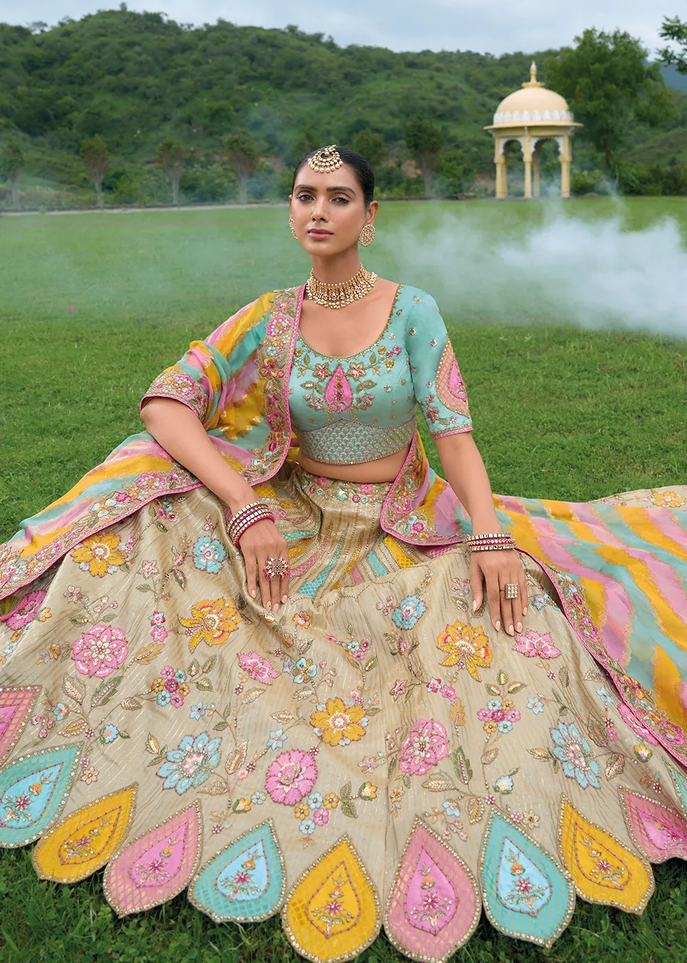 Bridal Beige Blue Heavy Embroidered Designer Lehenga Choli