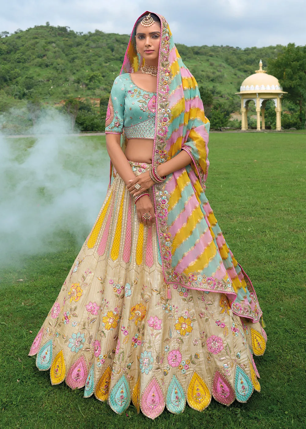 Bridal Beige Blue Heavy Embroidered Designer Lehenga Choli