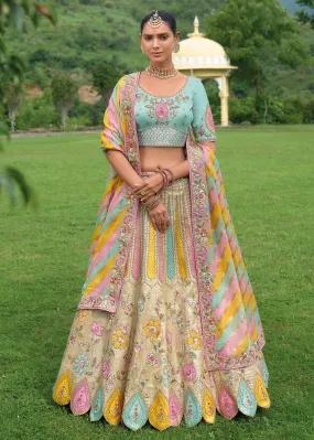 Bridal Beige Blue Heavy Embroidered Designer Lehenga Choli