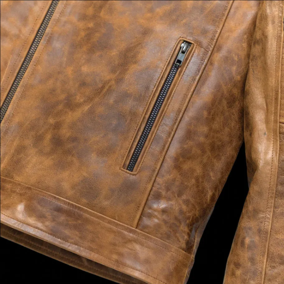 Cafe Racer Leather Jacket | Distressed Tan