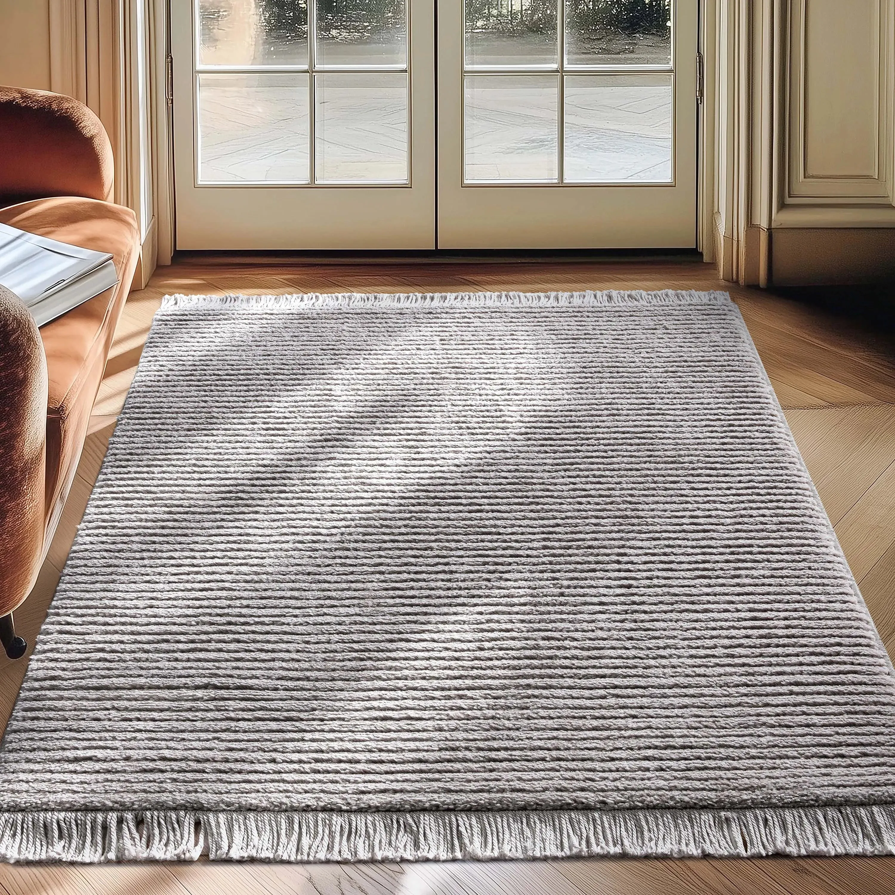 Carlow Solid & Striped Textured Taupe Ivory Ultra Soft High-Low Shag Rug