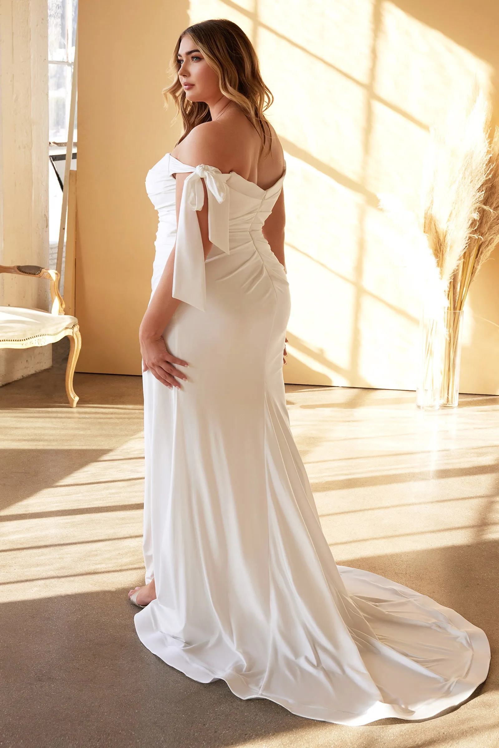 CINDERELLA DIVINE CD944WC Plus Size Tie Sleeve Mermaid Jersey Gown