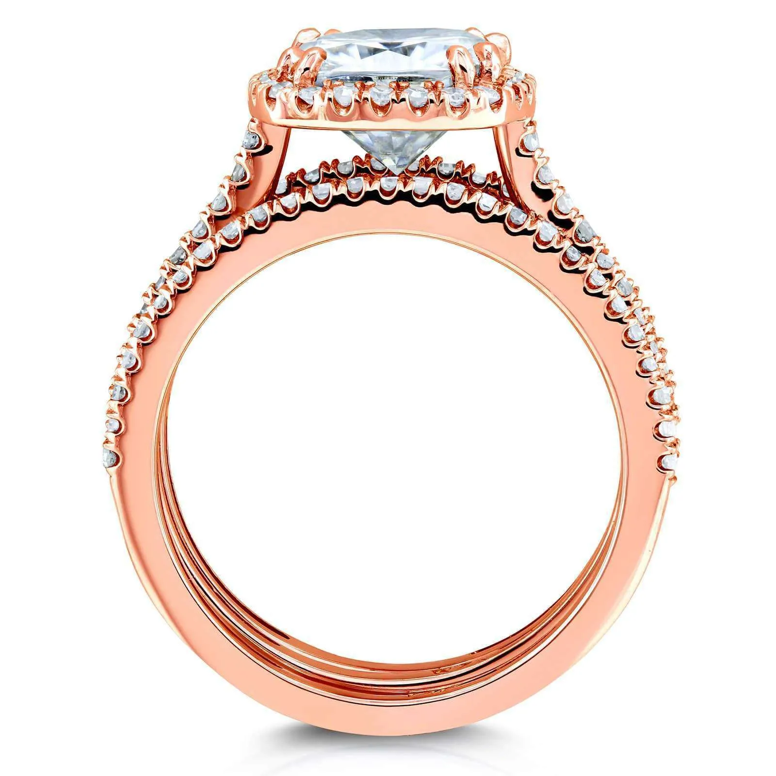 Cushion Brilliant Moissanite and Diamond Halo Bridal Wedding Rings Set 2 1/2 CTW 14k Rose Gold