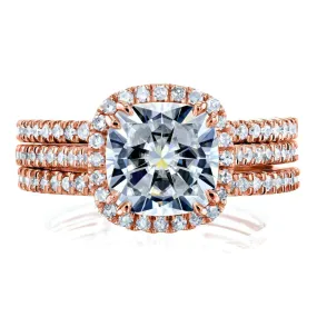 Cushion Brilliant Moissanite and Diamond Halo Bridal Wedding Rings Set 2 1/2 CTW 14k Rose Gold