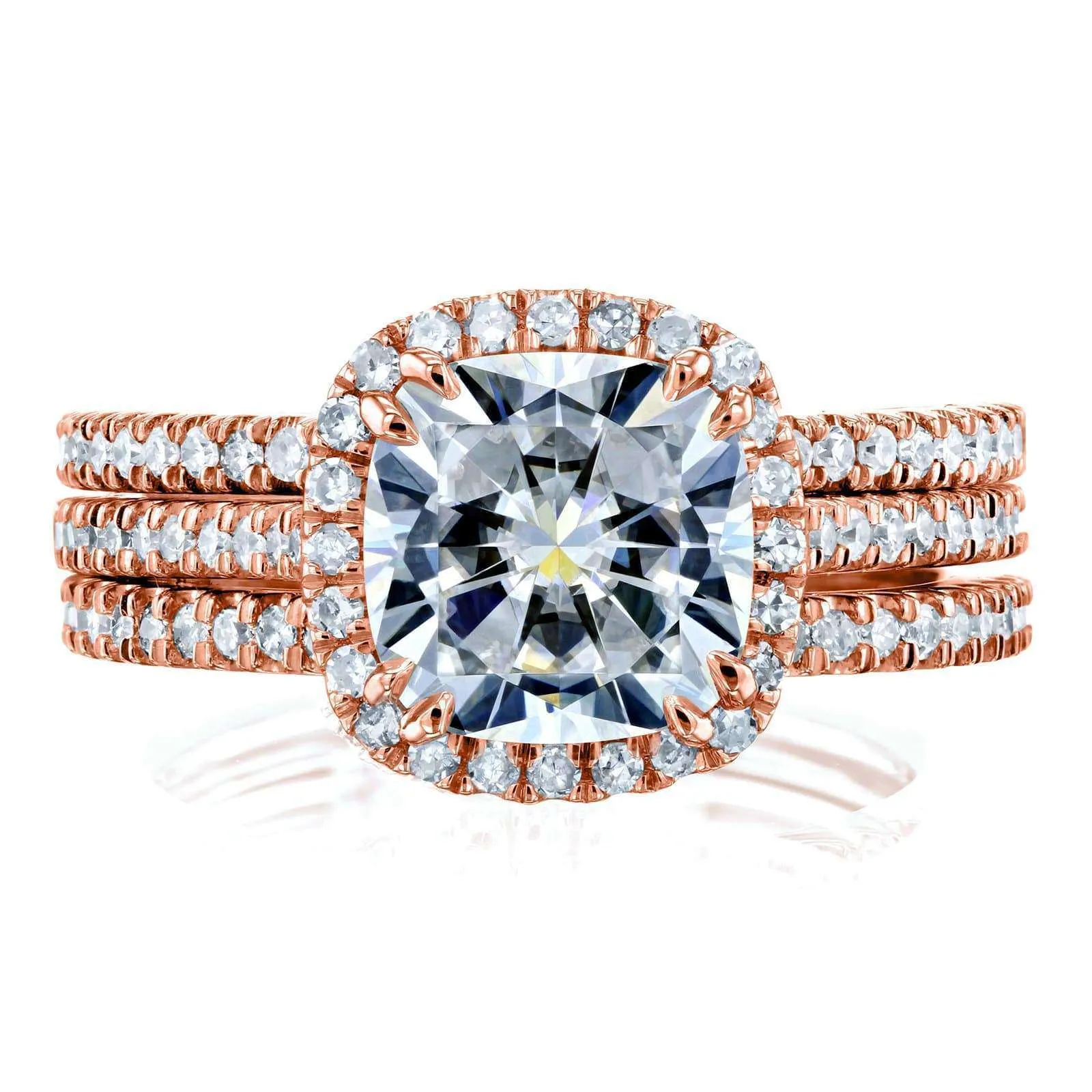 Cushion Brilliant Moissanite and Diamond Halo Bridal Wedding Rings Set 2 1/2 CTW 14k Rose Gold