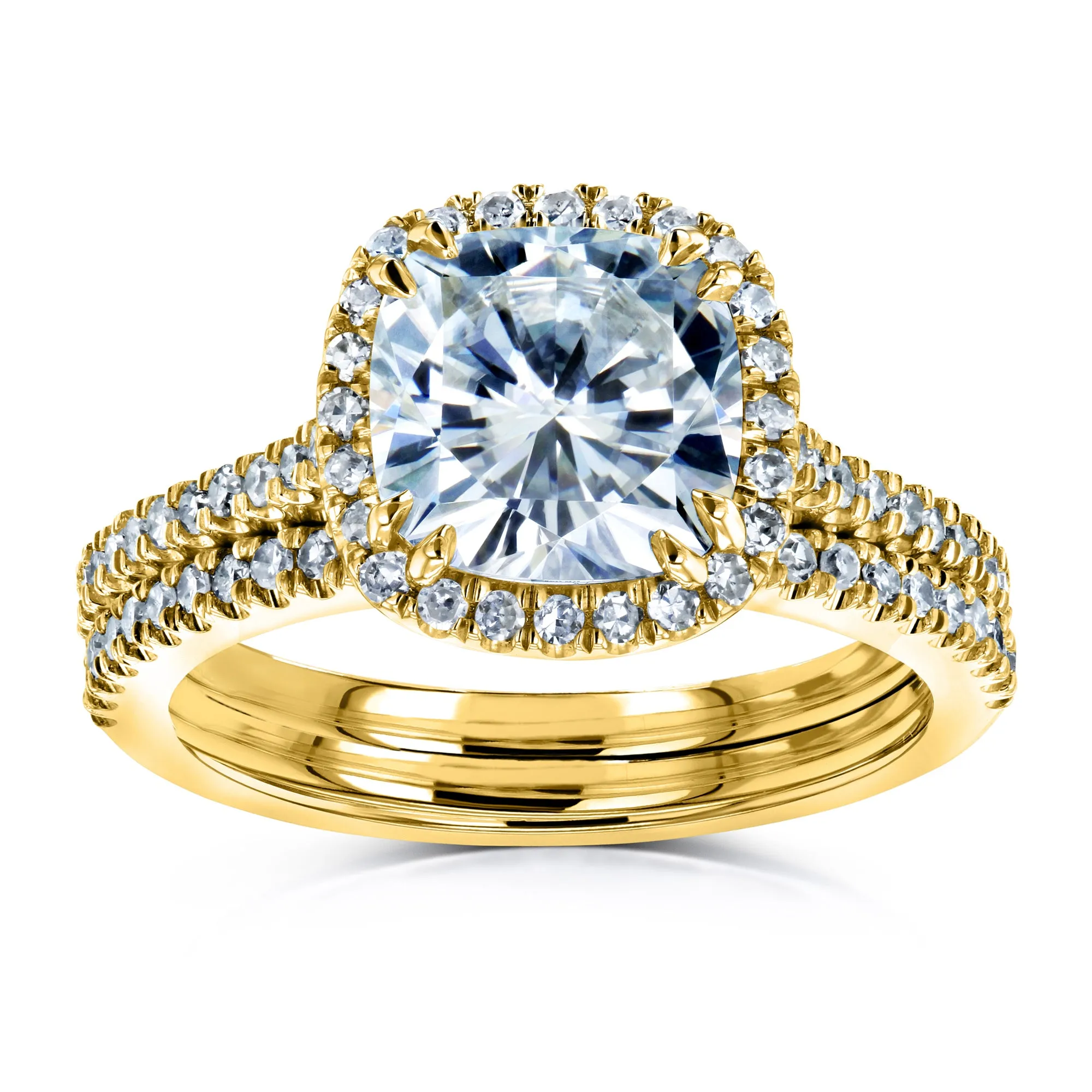 Cushion Brilliant Moissanite and Diamond Halo Bridal Wedding Rings Set 2 3/8 CTW 14k Yellow Gold
