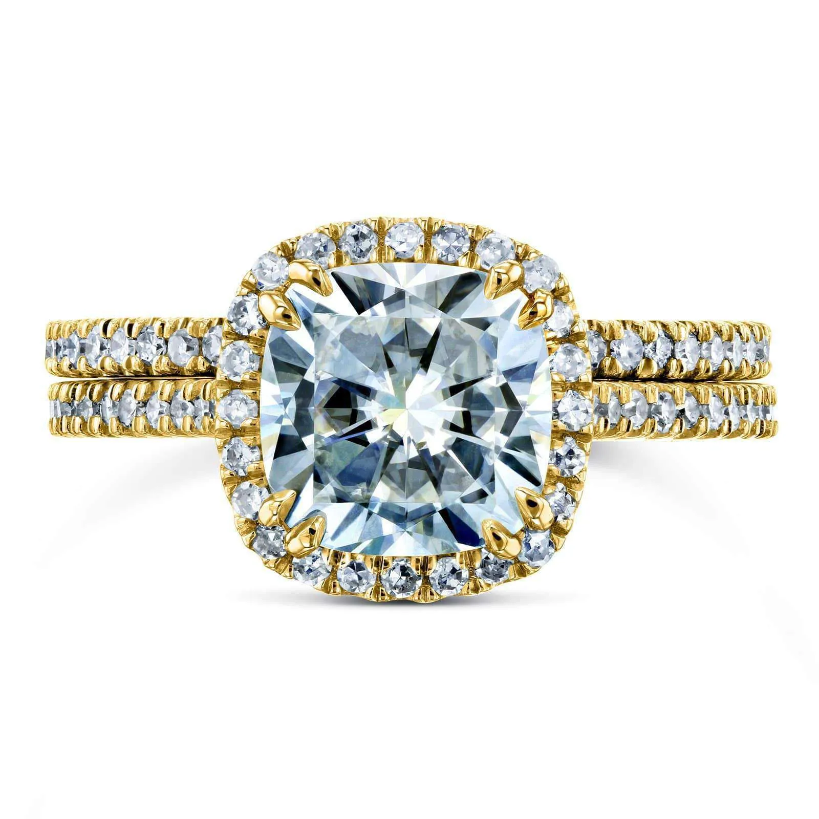 Cushion Brilliant Moissanite and Diamond Halo Bridal Wedding Rings Set 2 3/8 CTW 14k Yellow Gold