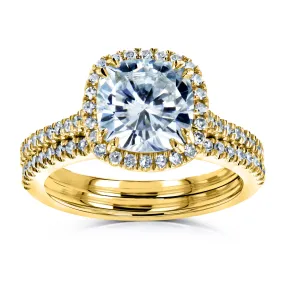 Cushion Brilliant Moissanite and Diamond Halo Bridal Wedding Rings Set 2 3/8 CTW 14k Yellow Gold