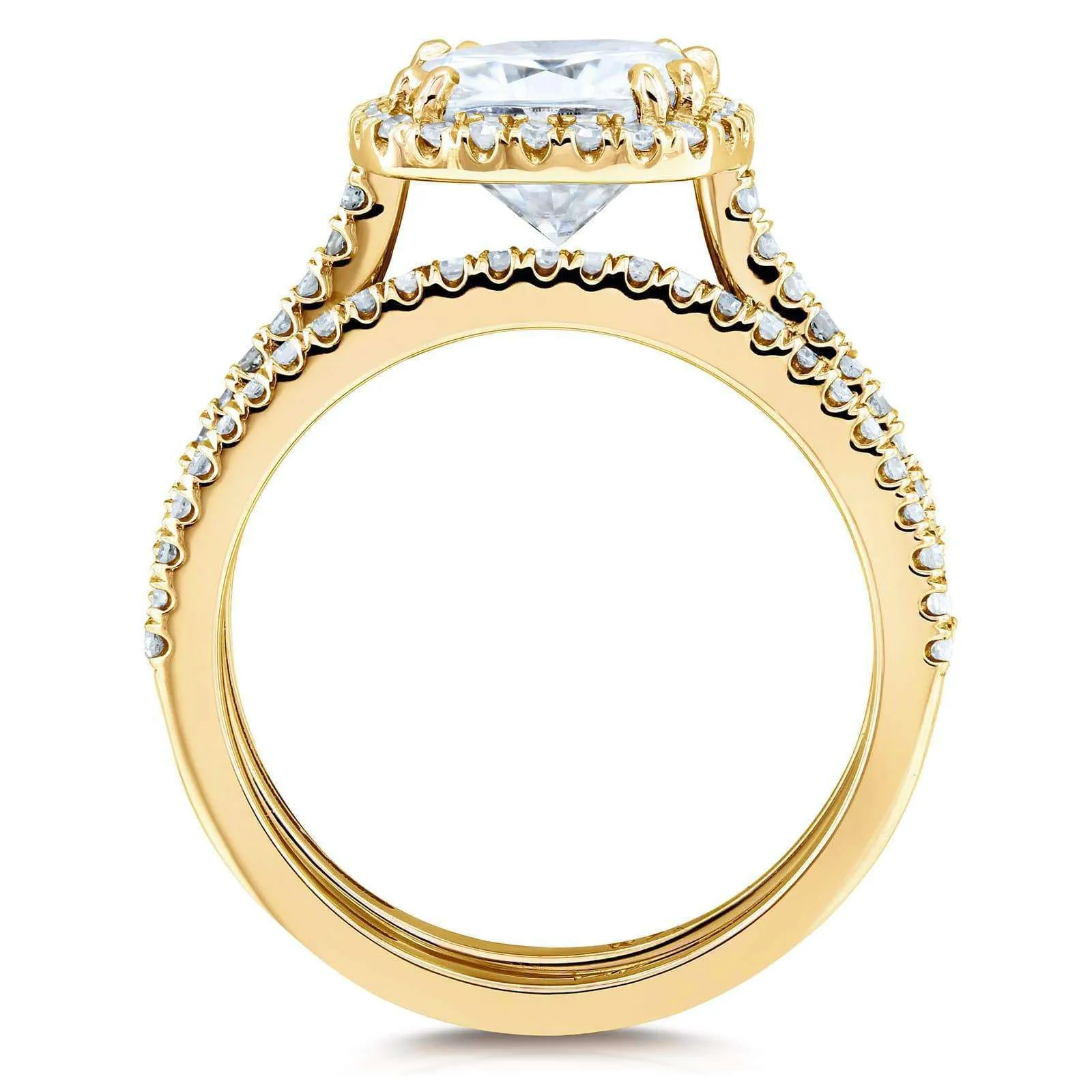 Cushion Brilliant Moissanite and Diamond Halo Bridal Wedding Rings Set 2 3/8 CTW 14k Yellow Gold