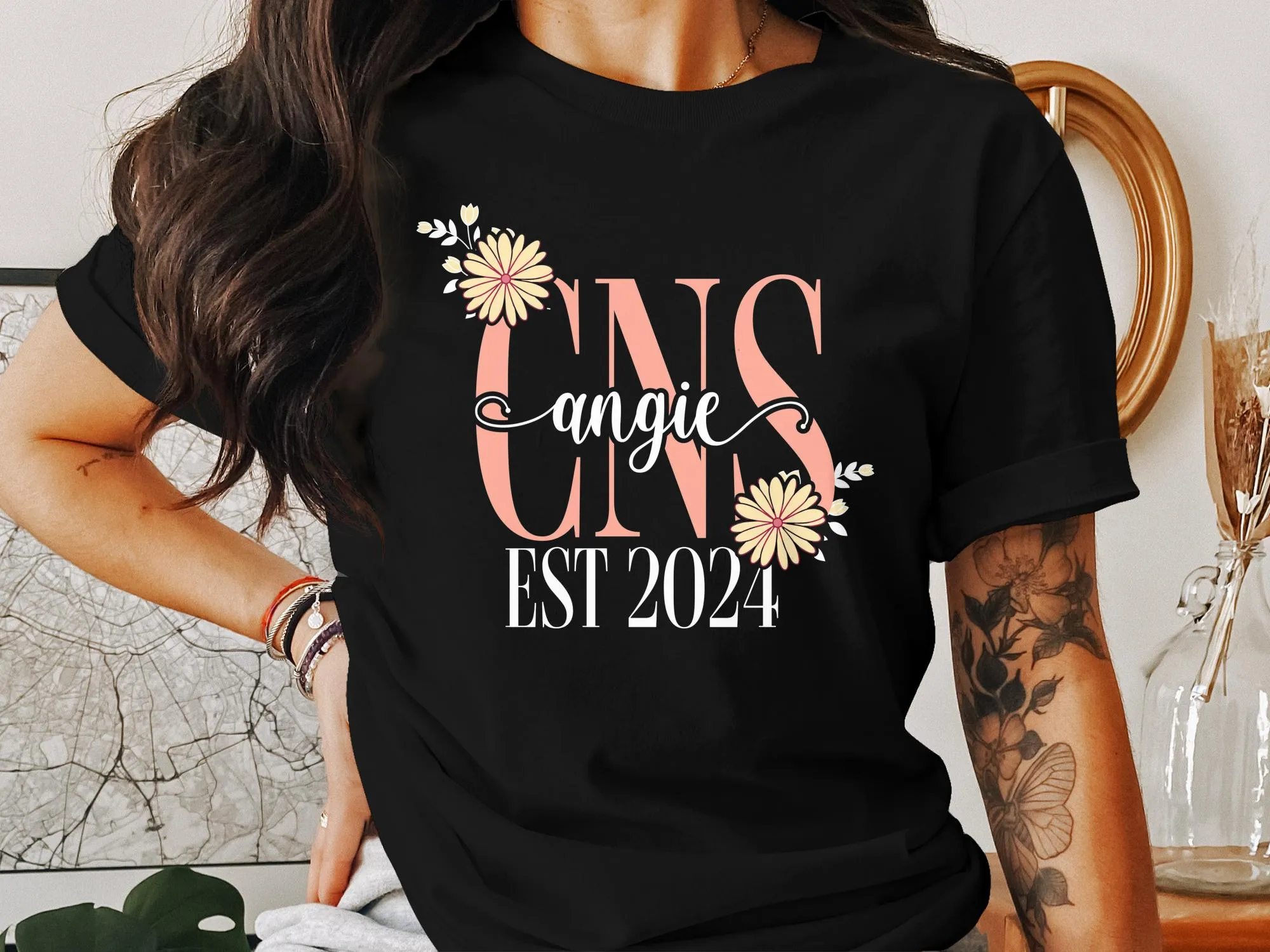 Custom Floral Monogram T-Shirt, Personalized Name and Date Tee, Unique Gift Idea for Her, Customizable Floral Design Shirt, EST 2024 Tee