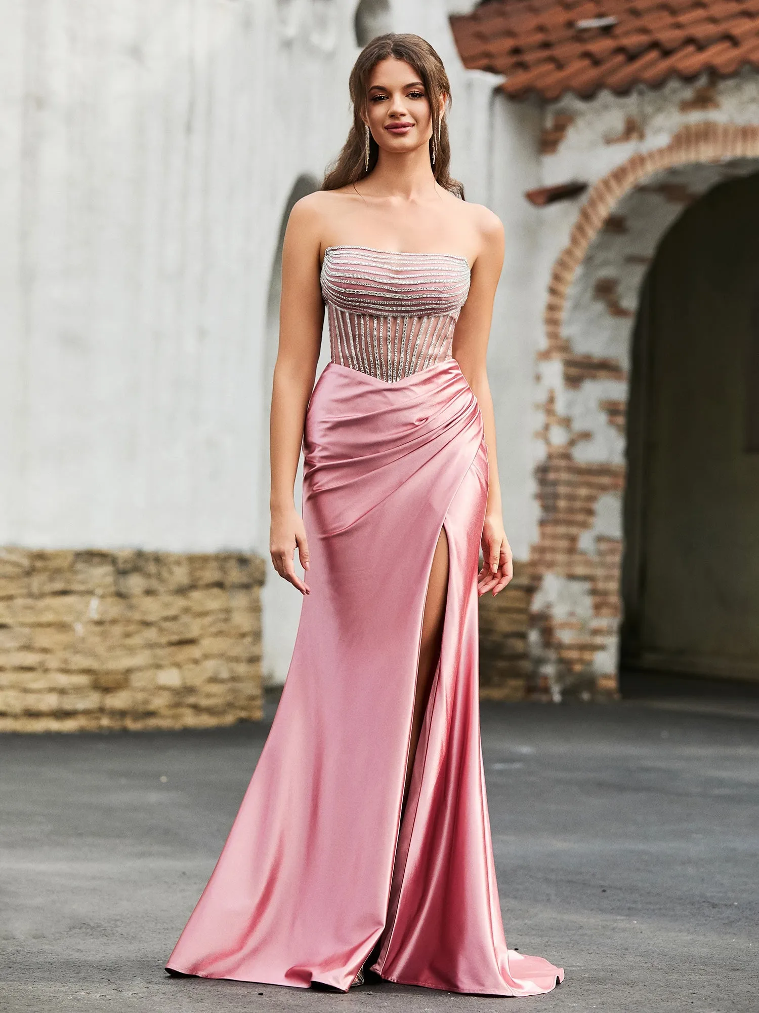 Diamond Corset Satin Maxi Dress Peach