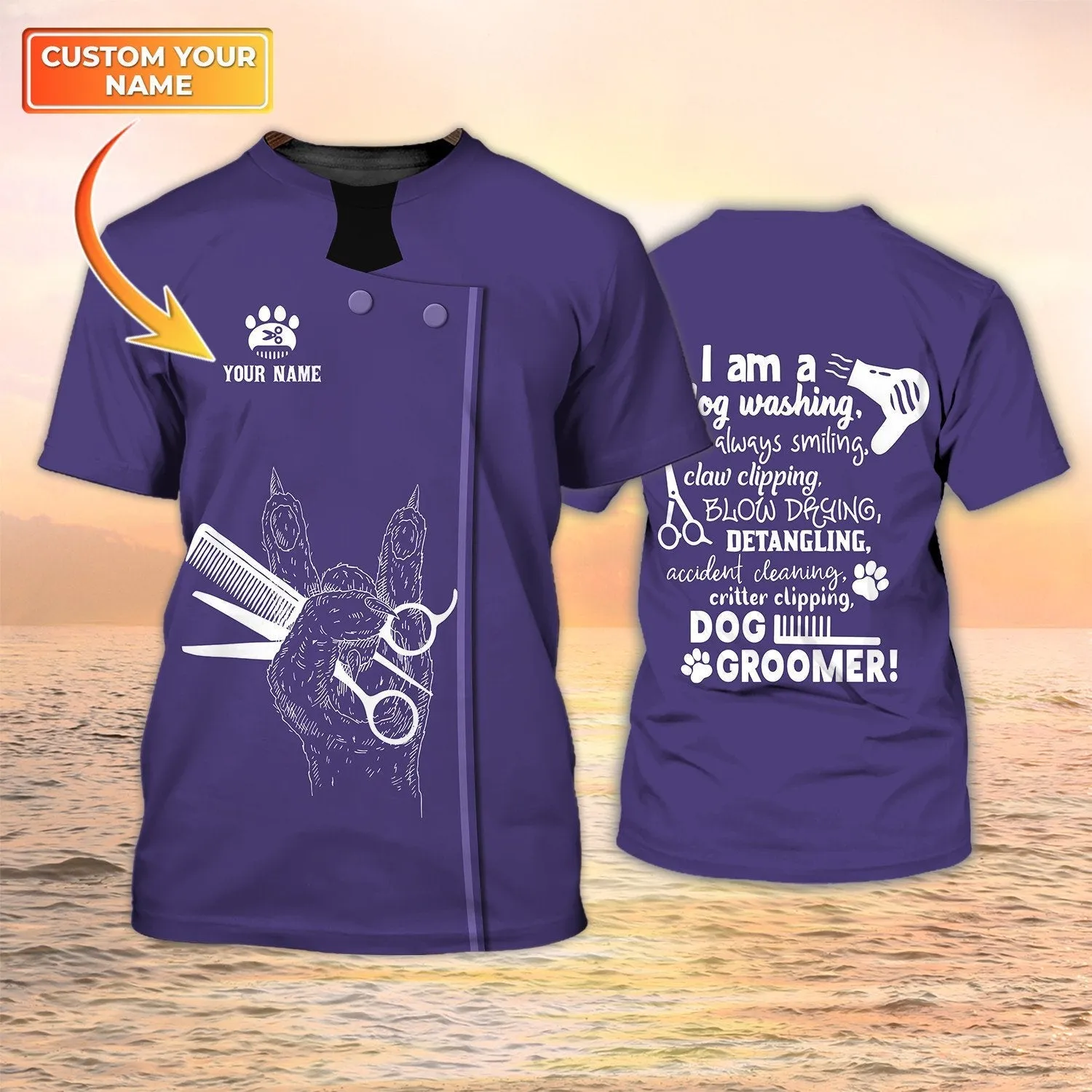 Dog Groomer Custom Shirts I Am A Dog Washing Uniform Salon Pet Personalized Name 3D Tshirt Purple