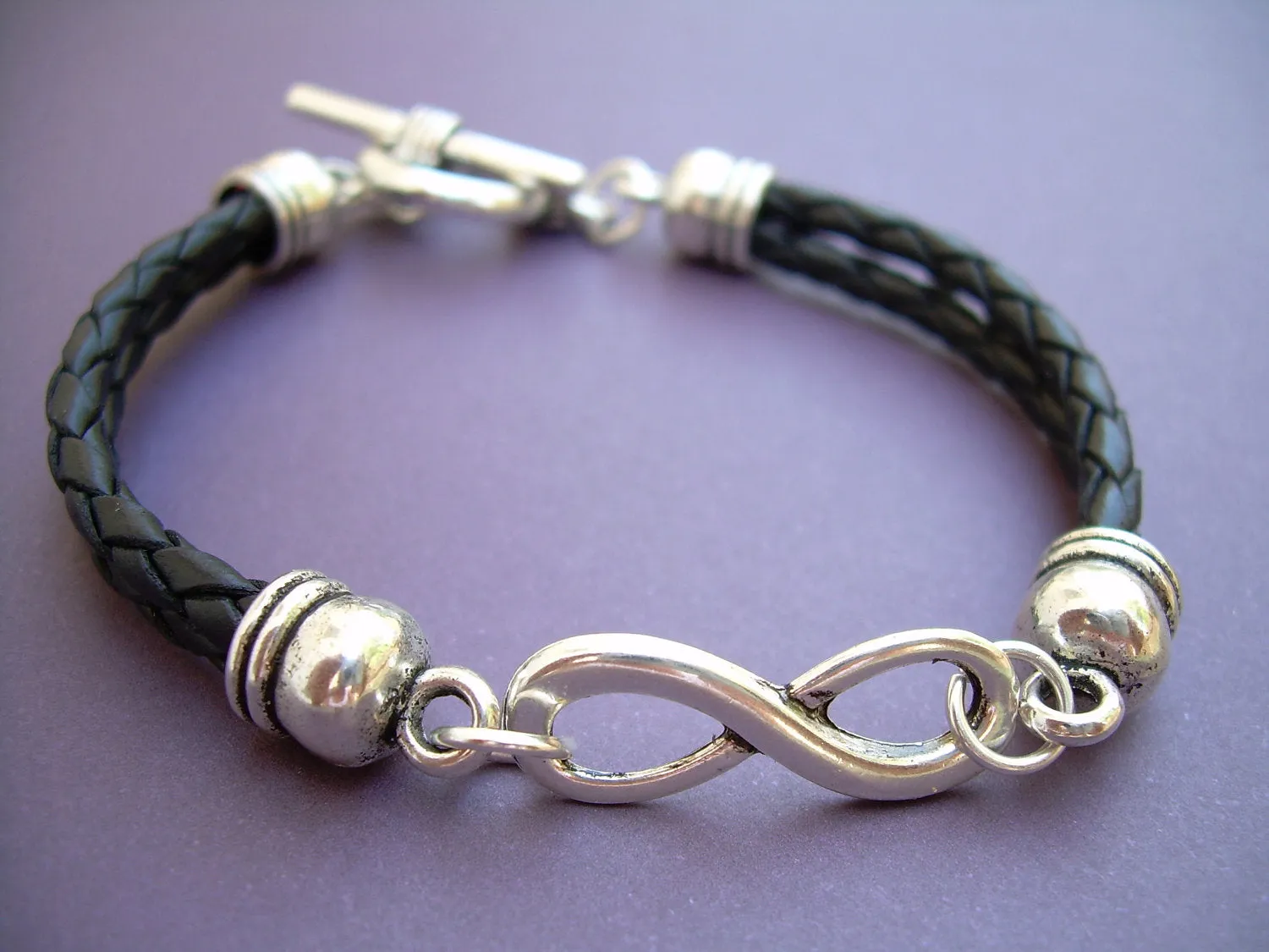 Double Strand Black Braided Leather Infinity Bracelet