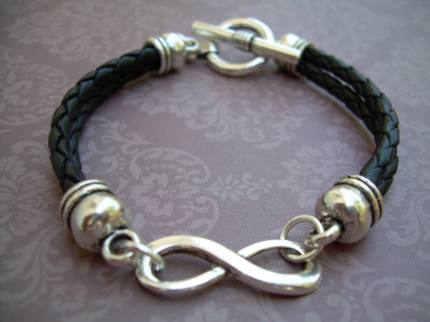 Double Strand Black Braided Leather Infinity Bracelet