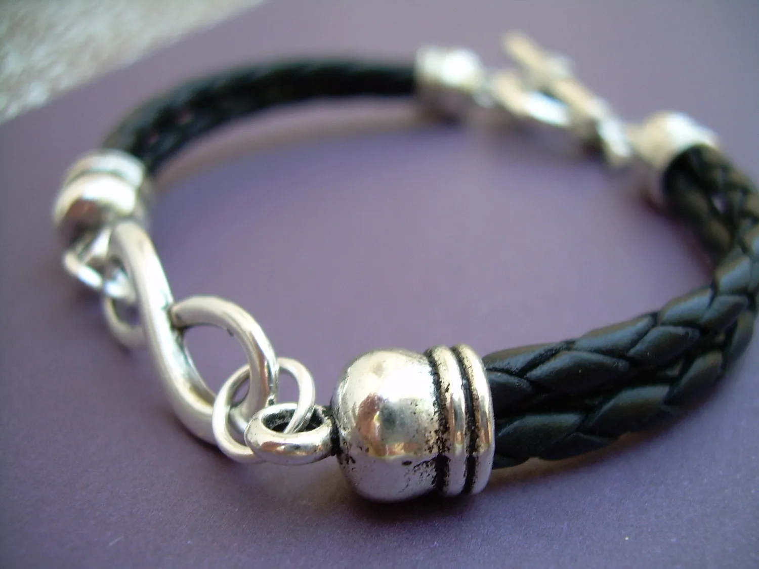 Double Strand Black Braided Leather Infinity Bracelet