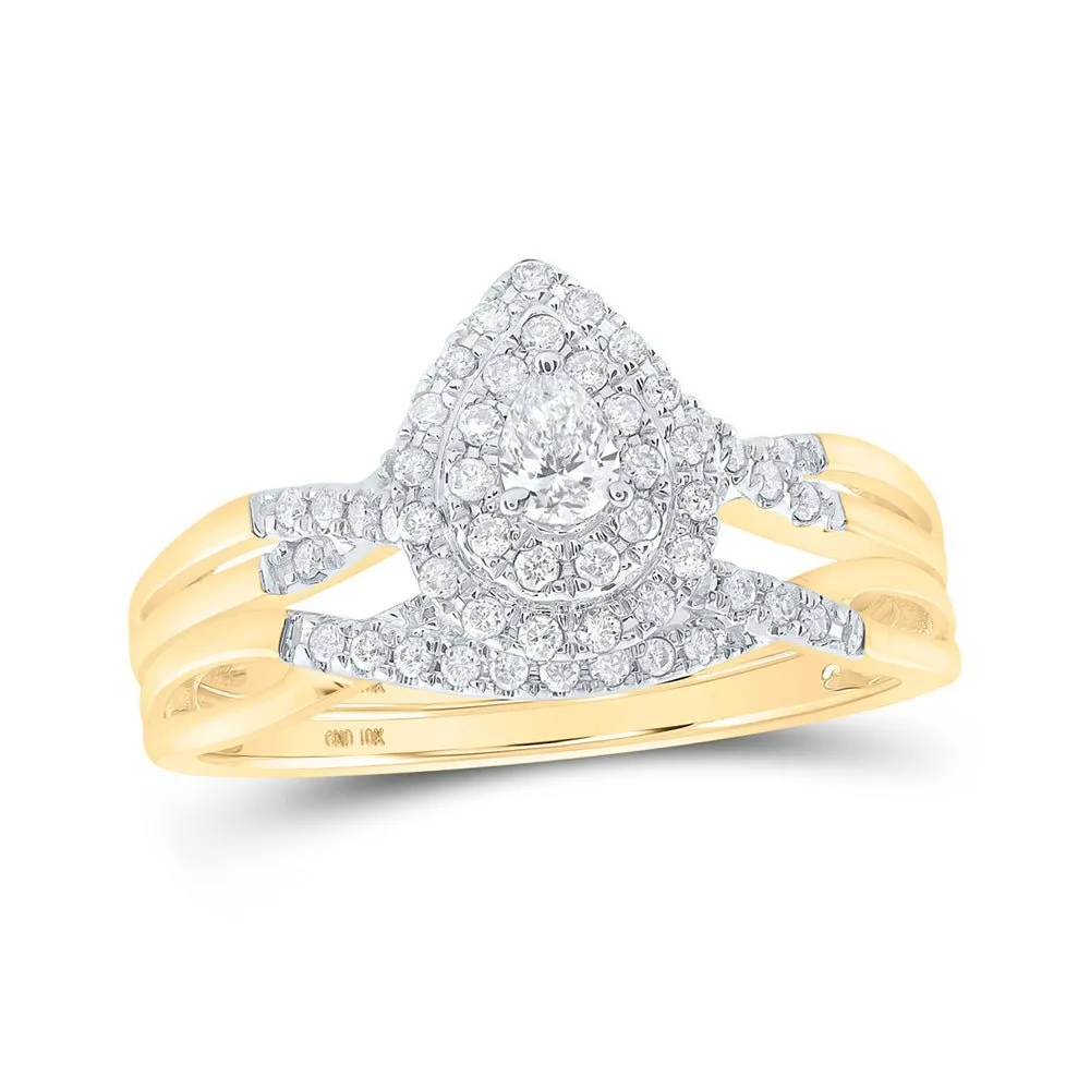 Elegant Harmony 10kt Yellow Gold Pear Diamond Bridal Wedding Ring Band Set