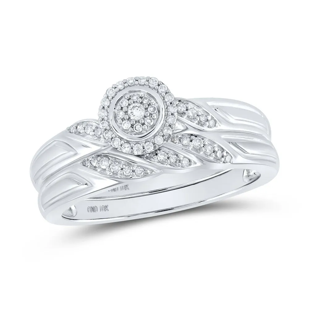 Enchanting Halo Diamond Bridal Wedding Ring Set - 10kt White Gold 1/6 Cttw