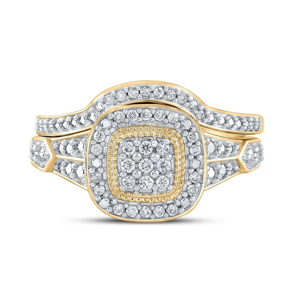 Enchanting Love Story | 10kt Yellow Gold Round Diamond Cluster Bridal Wedding Ring Band Set 1/5 Cttw