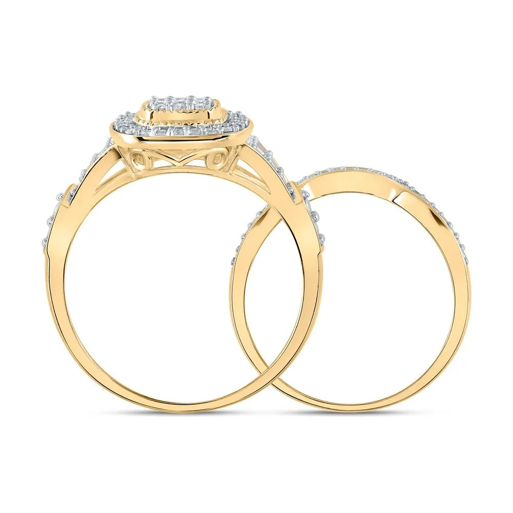 Enchanting Love Story | 10kt Yellow Gold Round Diamond Cluster Bridal Wedding Ring Band Set 1/5 Cttw
