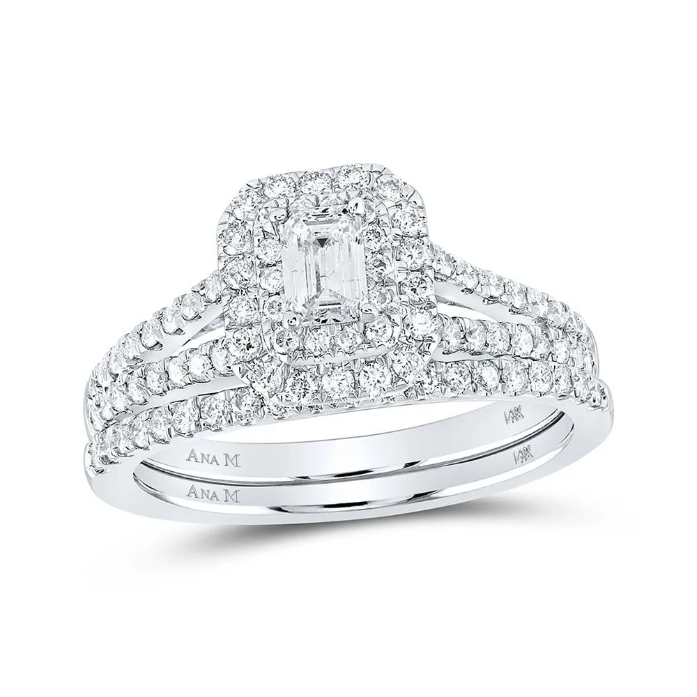 Enchanting Love Story 14kt White Gold Emerald Diamond Halo Bridal Wedding Ring Band Set