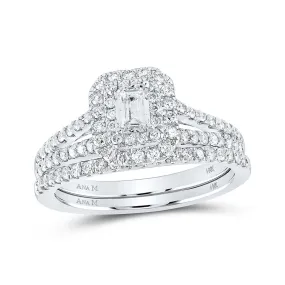 Enchanting Love Story 14kt White Gold Emerald Diamond Halo Bridal Wedding Ring Band Set