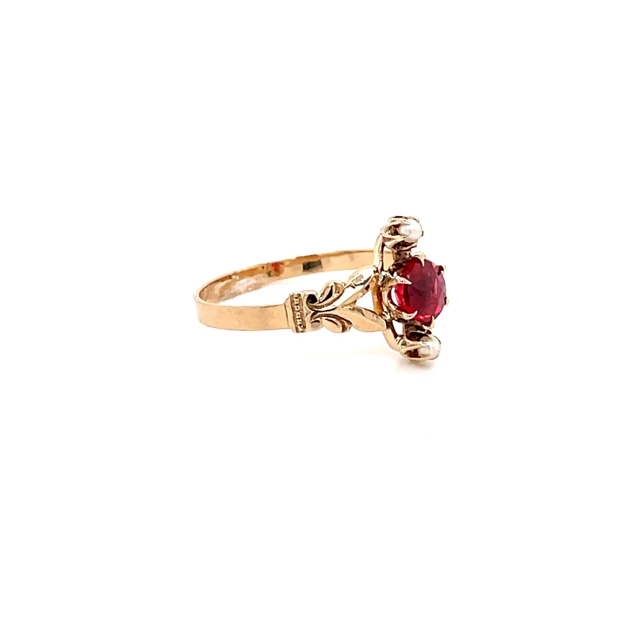 Estate 10k Yellow Gold Victorian Ring with Red Garnet and Glass Doublet Center and Seed Pearl Accents