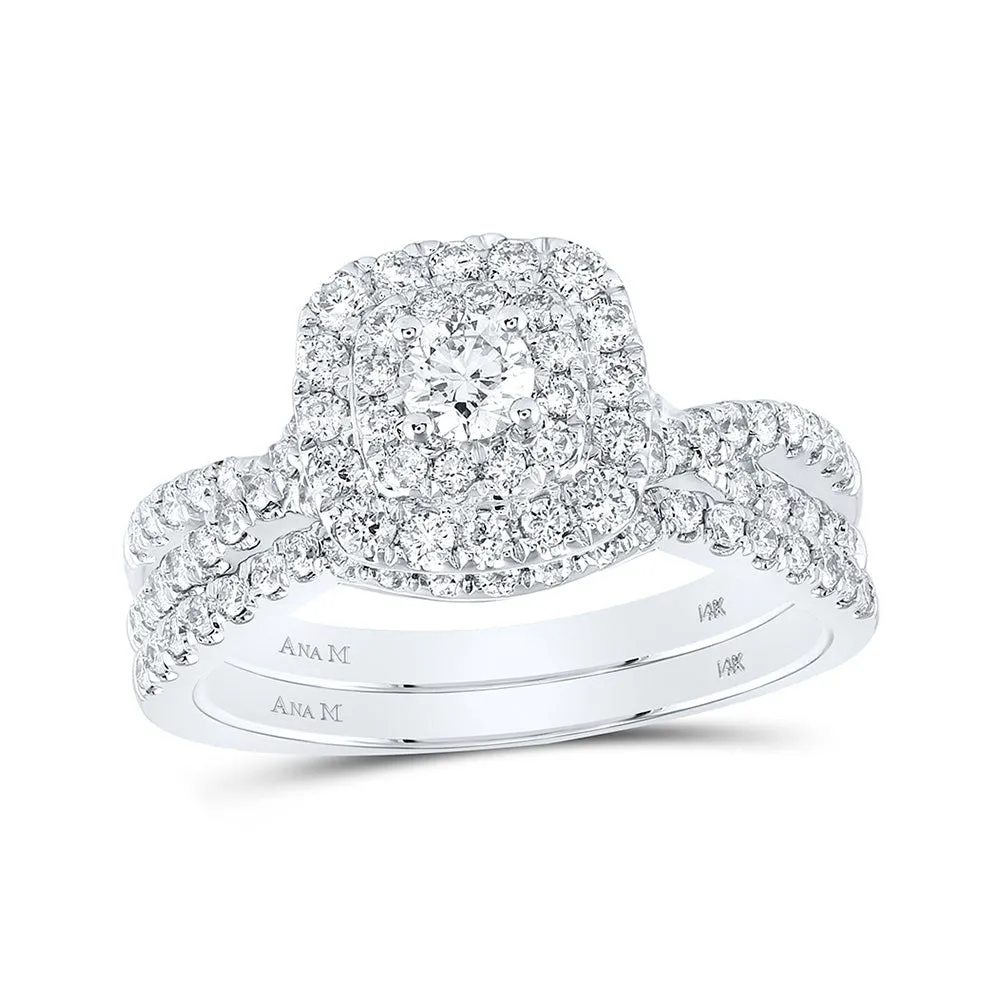 Eternal Blue Sapphire Diamond Halo Bridal Wedding Ring Set