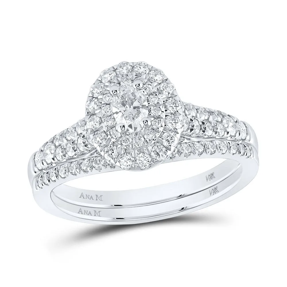 Ethereal Elegance: White Gold Oval Diamond Halo Bridal Wedding Ring Band Set