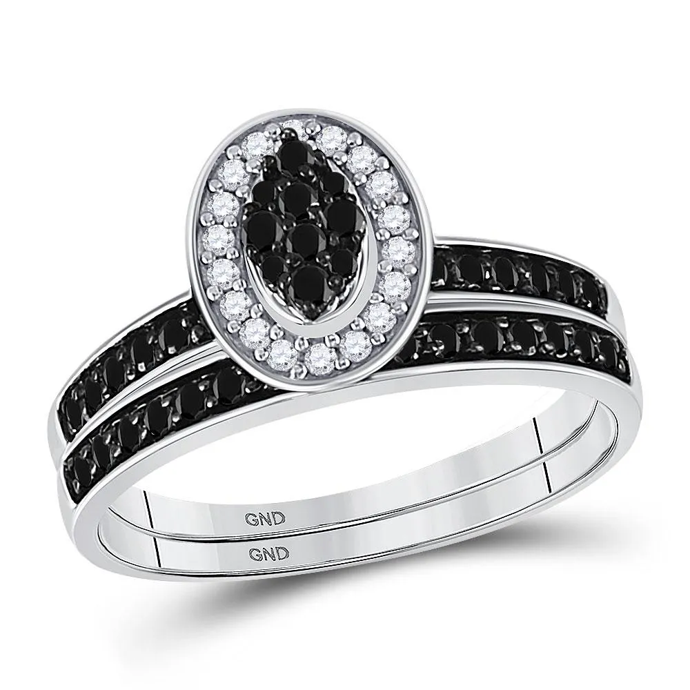 Exquisite Noir Brilliance: 10kt White Gold Womens Round Black Color Enhanced Diamond Bridal Wedding Ring Set 1/2 Cttw