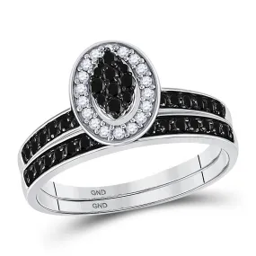 Exquisite Noir Brilliance: 10kt White Gold Womens Round Black Color Enhanced Diamond Bridal Wedding Ring Set 1/2 Cttw