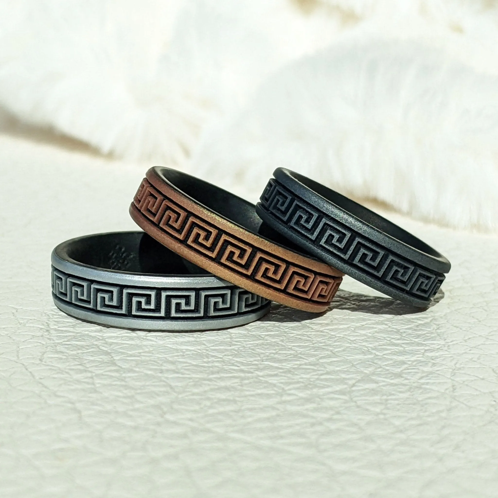 Greek Key Silicone Wedding Ring - Engraved Dual Layer