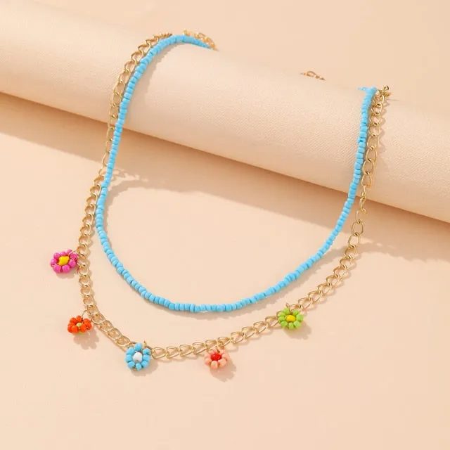 Korean Fashion Colorful Little Daisy Flower Beaded Necklace