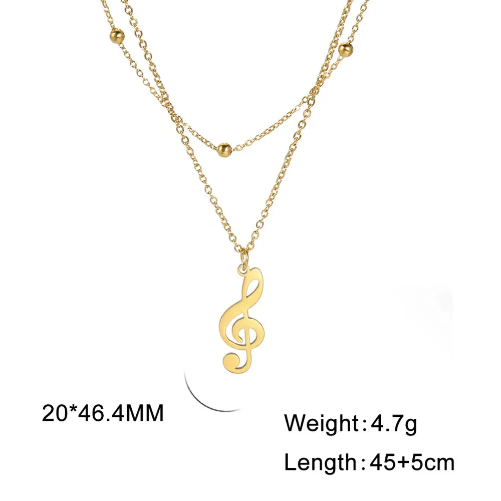 Lemegeton Stainless Steel Musical Note Pendant Necklace Double Layered Beads Chain Women Punk Hip Hop Jewelry Gifts