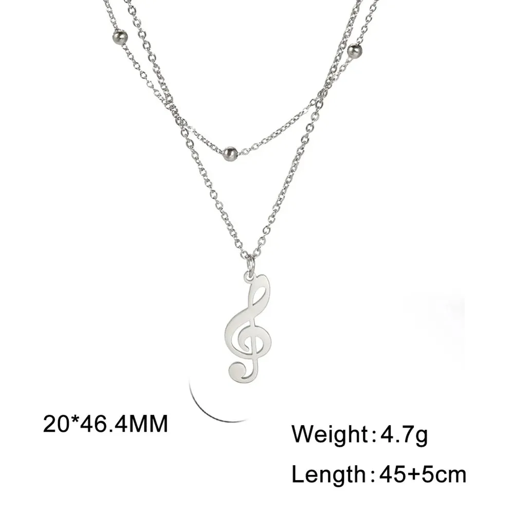 Lemegeton Stainless Steel Musical Note Pendant Necklace Double Layered Beads Chain Women Punk Hip Hop Jewelry Gifts