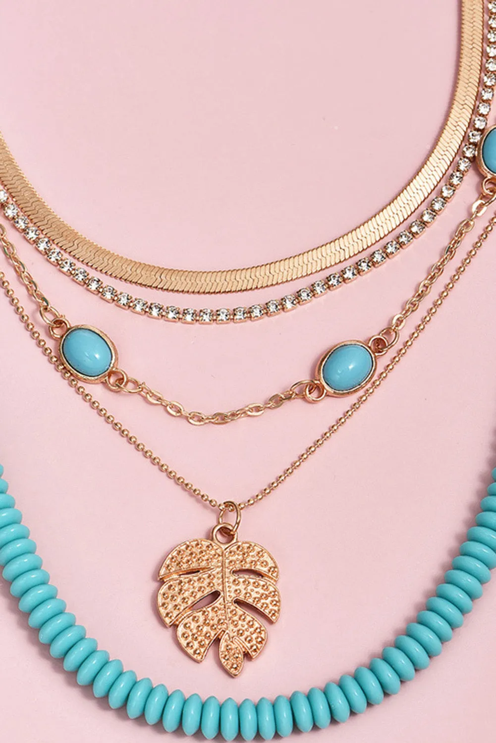 Multicolor Palm Leaf Beaded Multi-layered Pendant Necklace Set