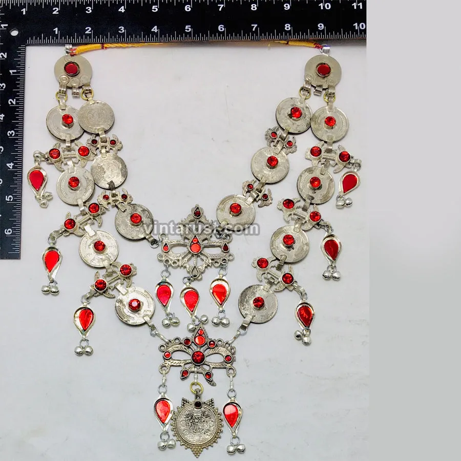 Multilayers Coins Necklace With Red Glass Stone