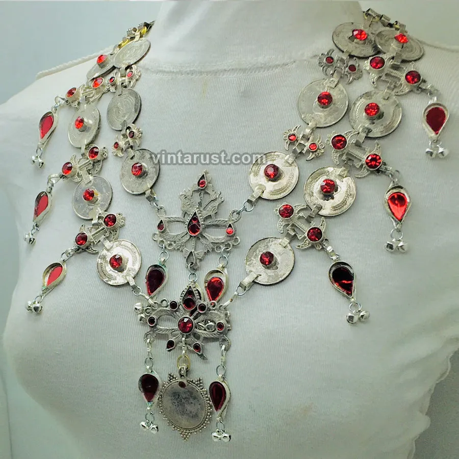 Multilayers Coins Necklace With Red Glass Stone