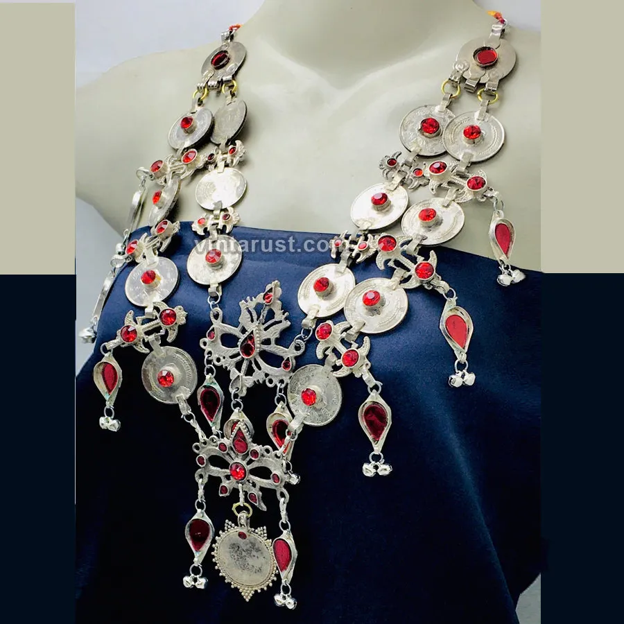 Multilayers Coins Necklace With Red Glass Stone