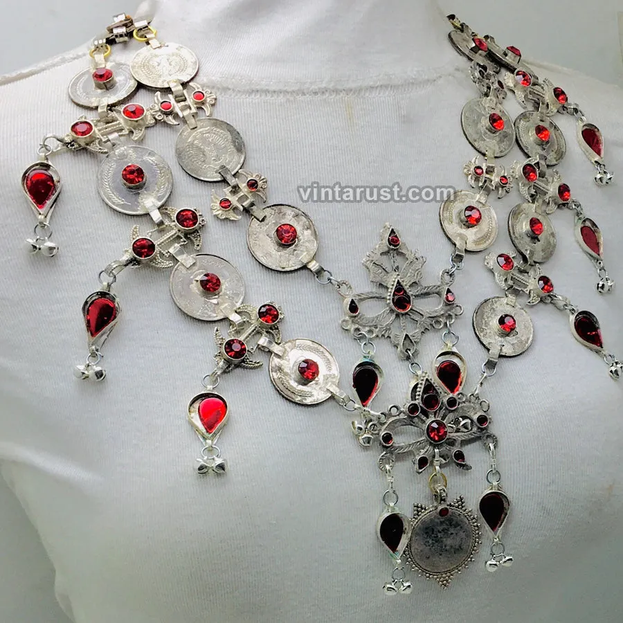 Multilayers Coins Necklace With Red Glass Stone