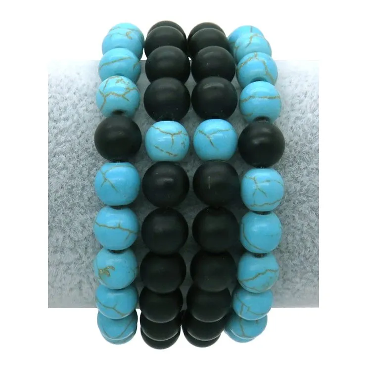 Natural Stone Beaded Bracelet, Set of 4, Turquoise, Onyx