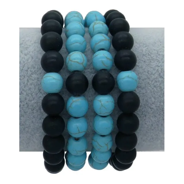 Natural Stone Beaded Bracelet, Set of 4, Turquoise, Onyx