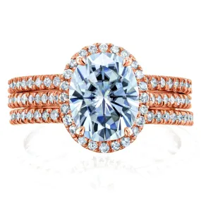 Oval Moissanite and Diamond Halo 3-Piece Bridal Rings Set 2 1/2 CTW 14k Rose Gold (DEF/VS, GH/I)