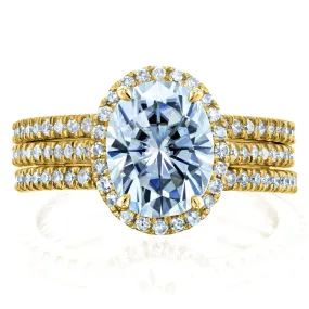 Oval Moissanite and Diamond Halo 3-Piece Bridal Rings Set 2 1/2 CTW 14k Yellow Gold (DEF/VS, GH/I)