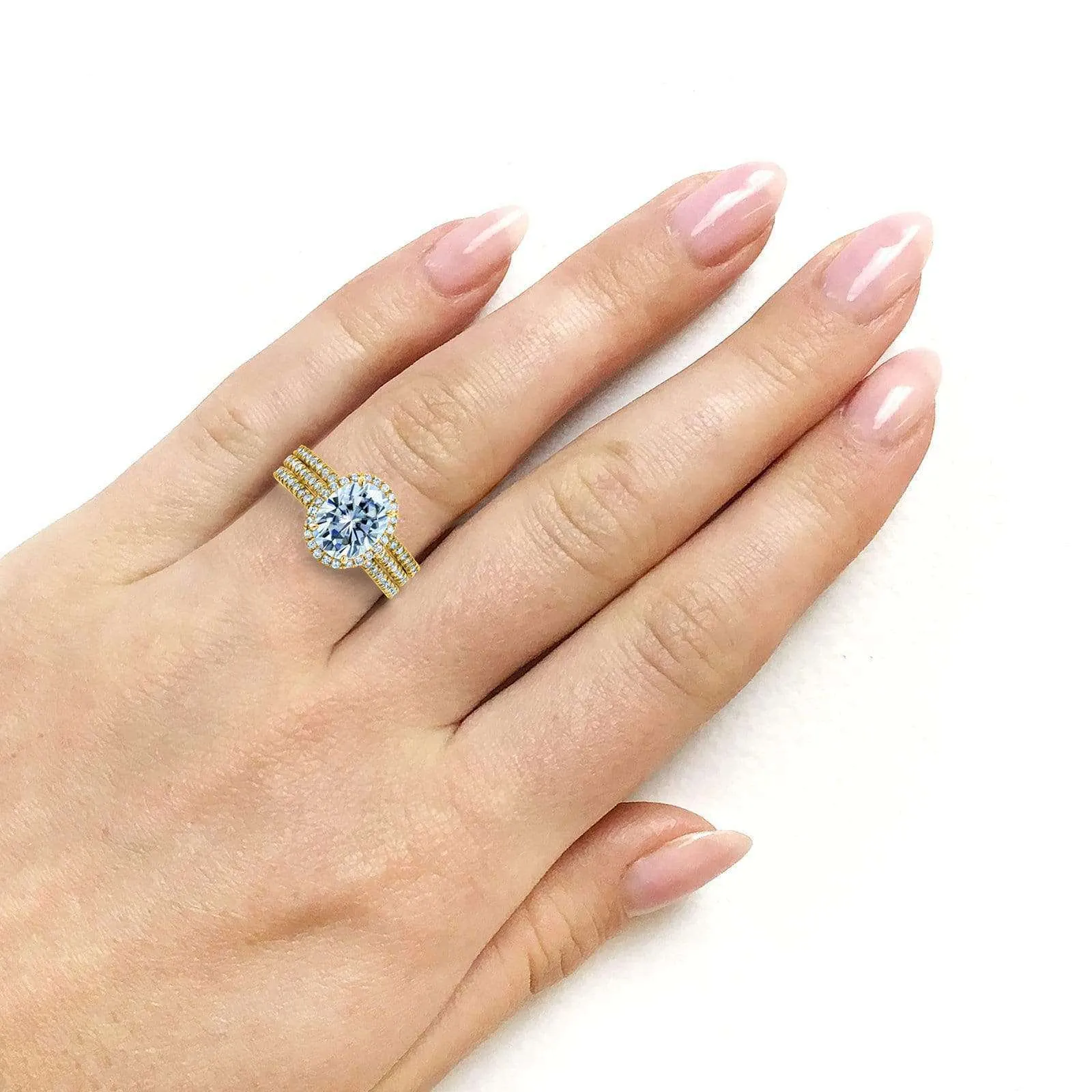 Oval Moissanite and Diamond Halo 3-Piece Bridal Rings Set 2 1/2 CTW 14k Yellow Gold (DEF/VS, GH/I)