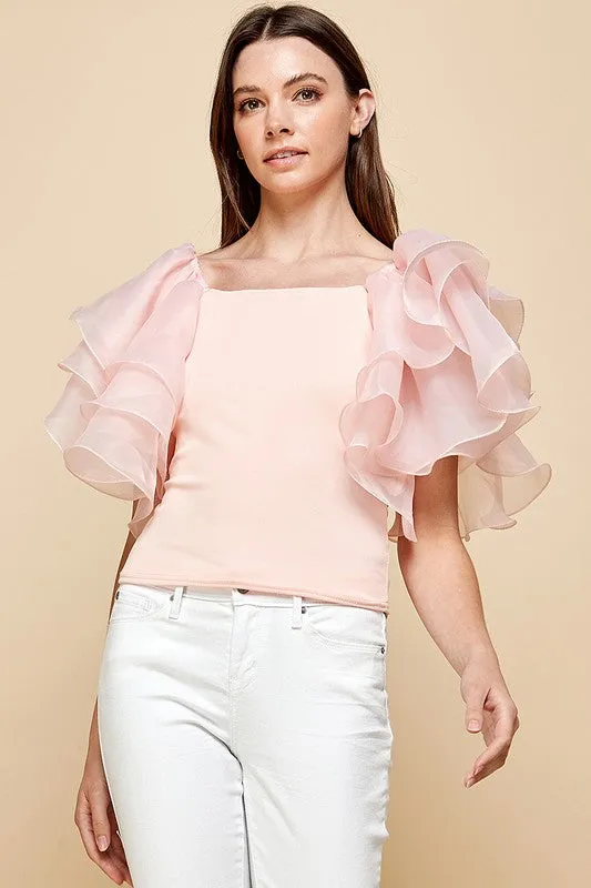 Peach Layered Puff Sleeves Blouse