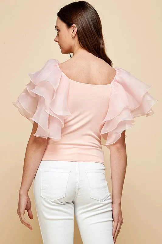 Peach Layered Puff Sleeves Blouse