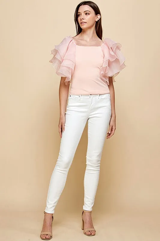 Peach Layered Puff Sleeves Blouse